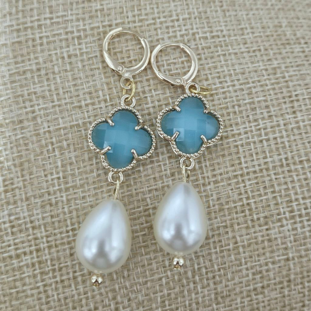Teardrop Pearl/Turquoise Fashion Gold Tone Dangle Earrings - Picture 2 of 2